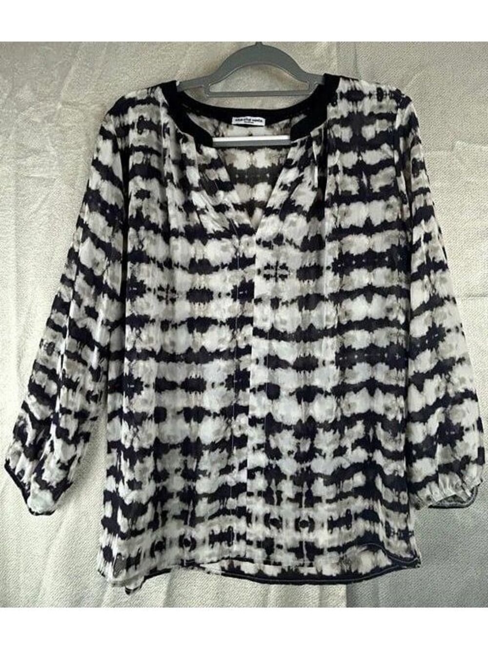 Cha Cha Vente Women’s Black White Tie Dye Print Blouse 3/4 Sleeve Size Medium